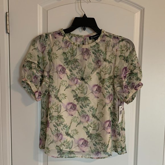 NWT  INC Floral Puff Sleeve Blouse, petite M - Picture 5 of 8